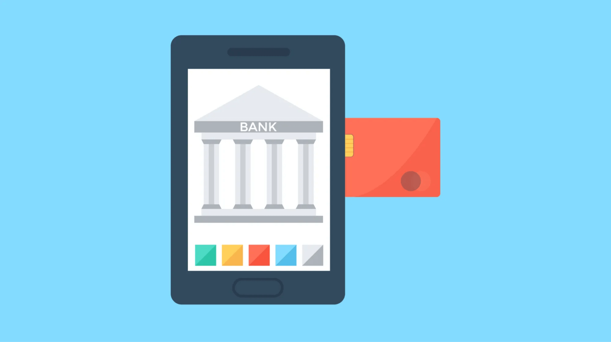 Illustration of a smartphone displaying a bank building icon on its screen, with a red credit card partially inserted into the side of the phone, symbolizing mobile banking or digital payments, on a light blue background.