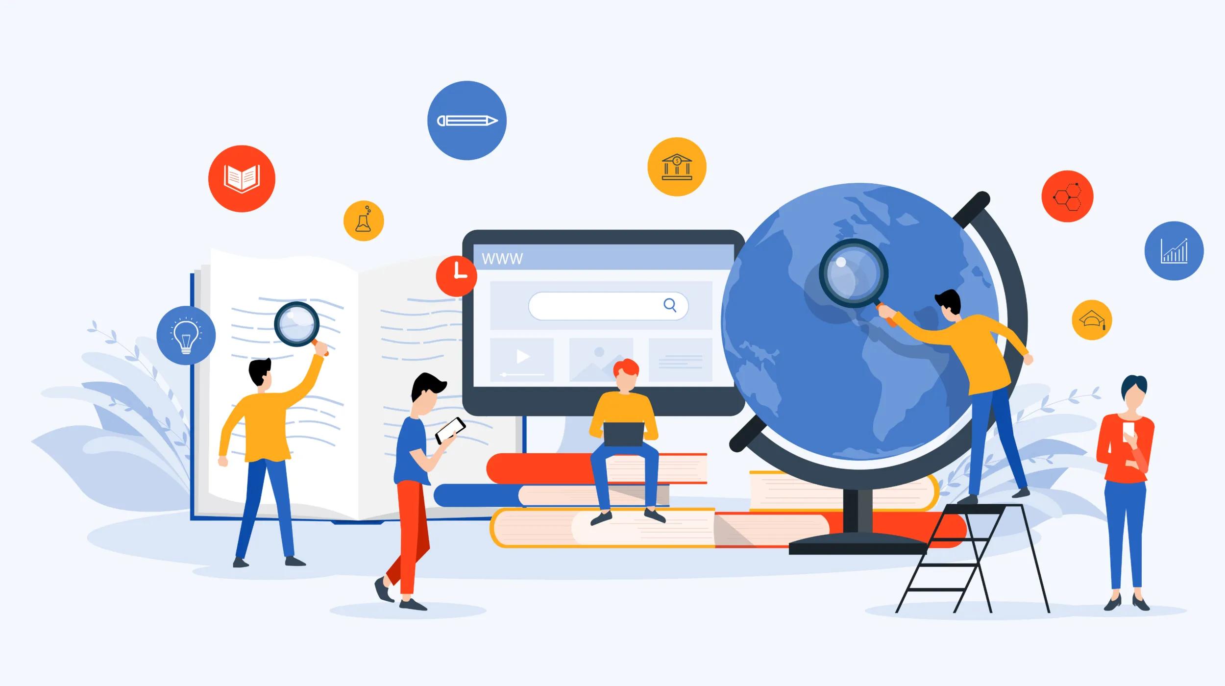 Illustration of people using magnifying glasses to research a globe, books, and a computer, representing the process of checking a domain’s ownership, history, and reputation. The image highlights why understanding domain history matters for SEO, brand safety, and legal risks before making a purchase.