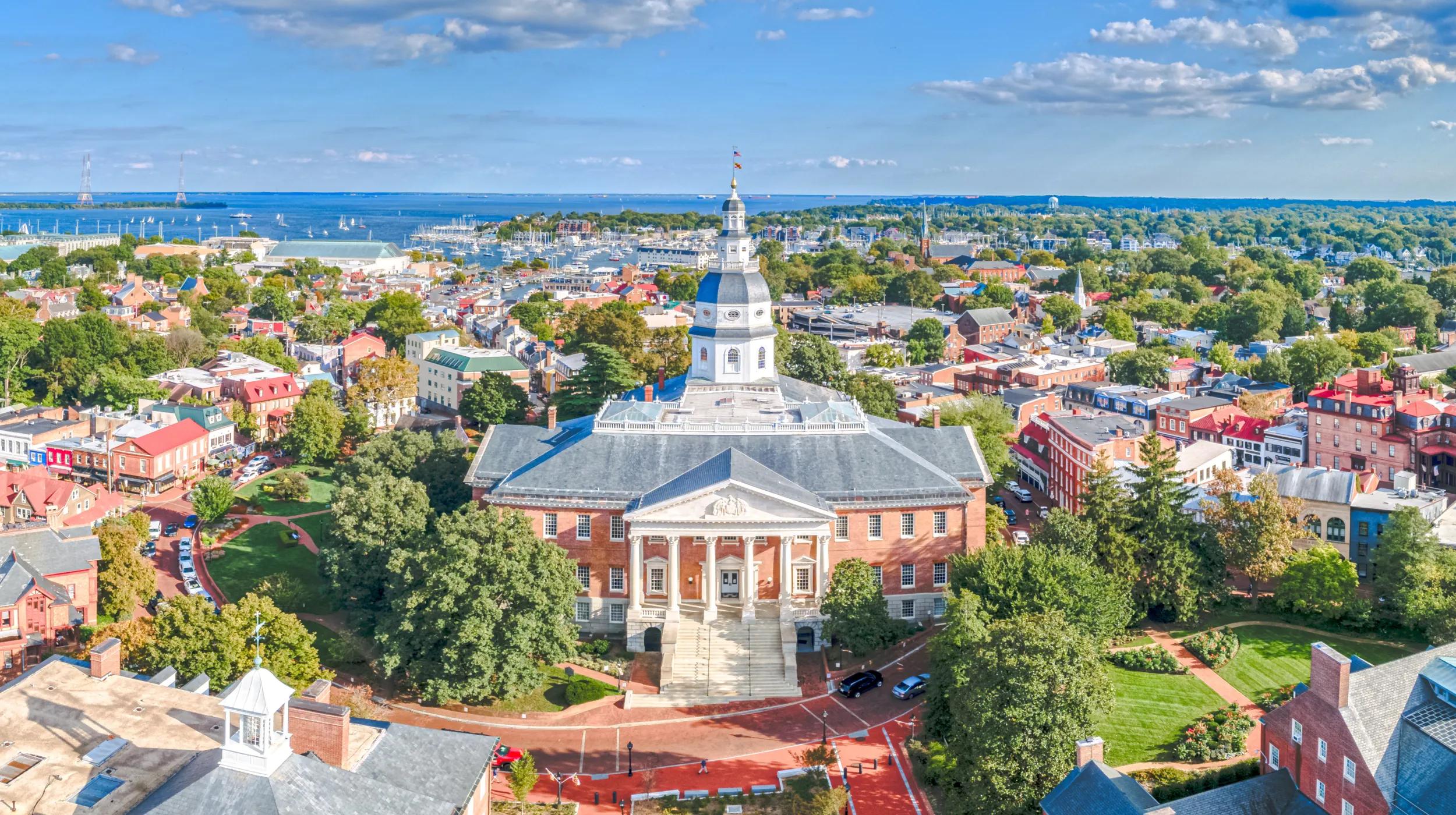 Aerial drone image of Maryland State House in Annapolis.