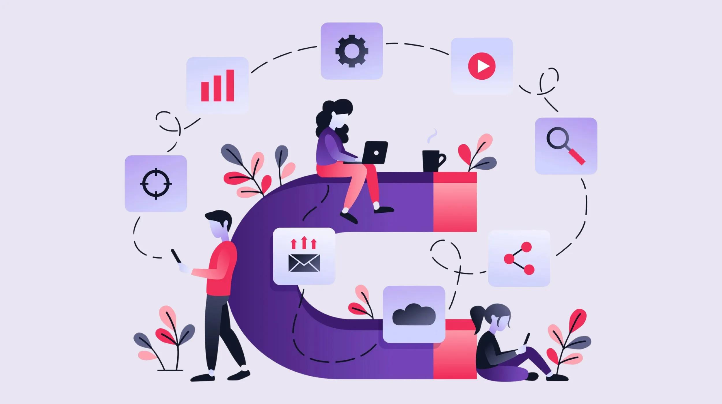 Illustration representing customer retention strategies, featuring a large magnet attracting people using laptops and mobile devices, surrounded by icons such as graphs, gears, video, search, sharing, email, and cloud, symbolizing various digital marketing and engagement tools.