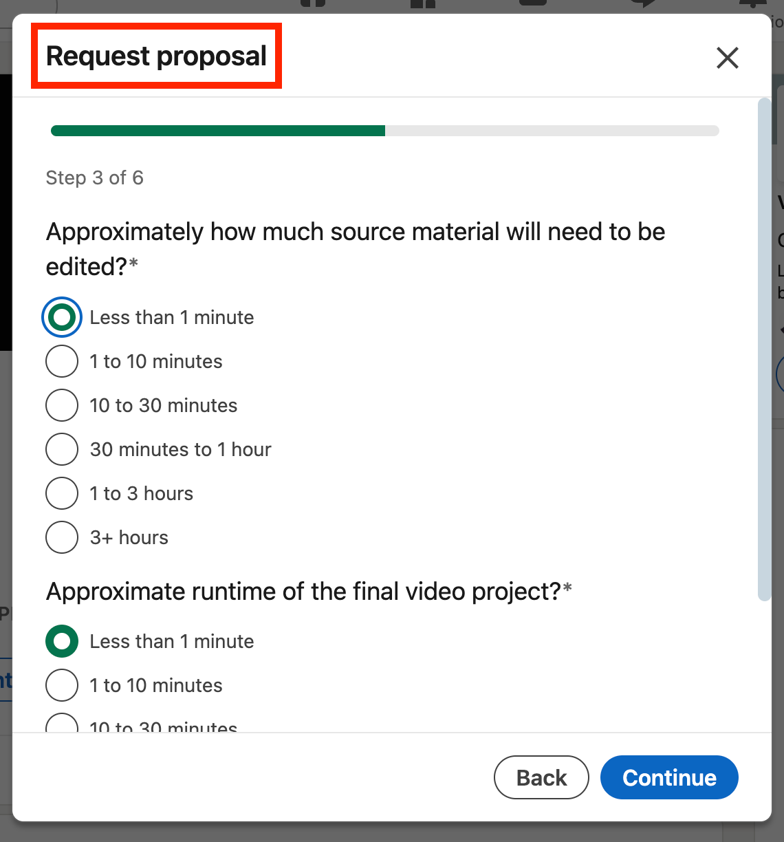 LinkedIn services page screenshot displaying &quot;request proposal&quot; text.