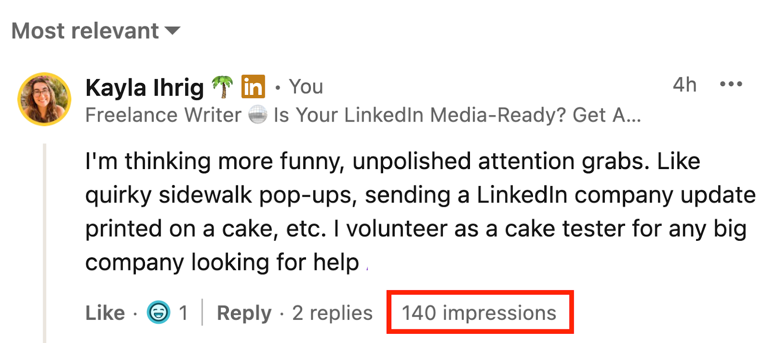 Example screenshot of LinkedIN comment used to illustrate engagement