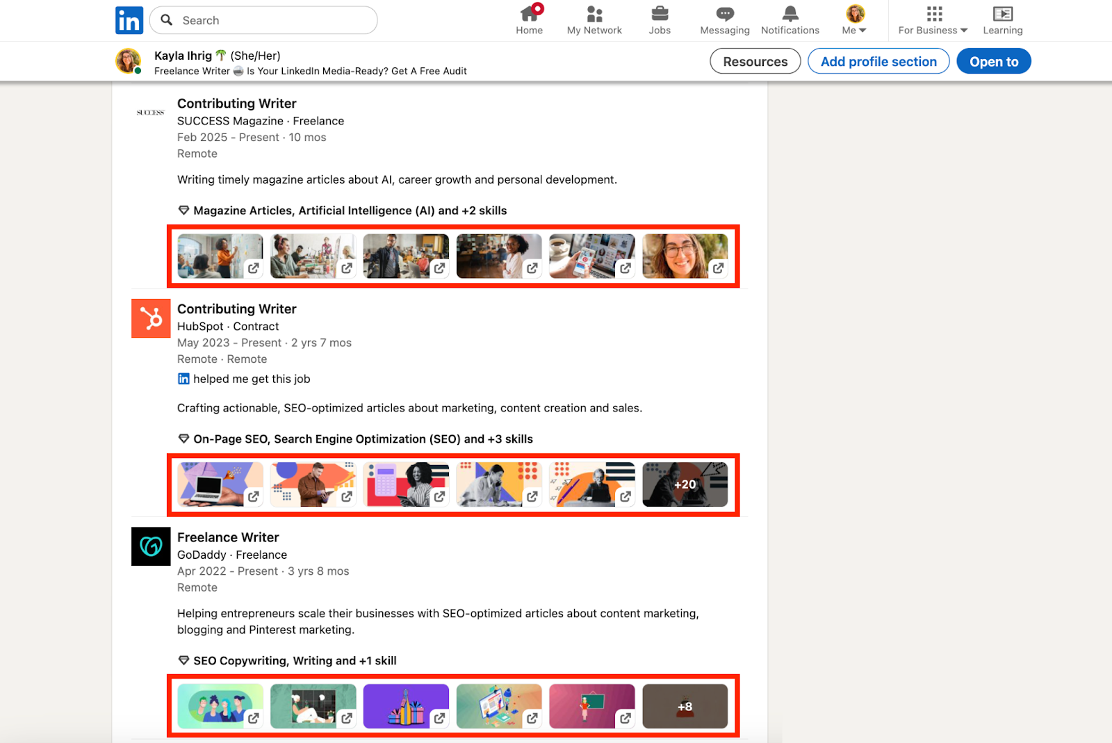 screenshot of LinkedIn featured section
