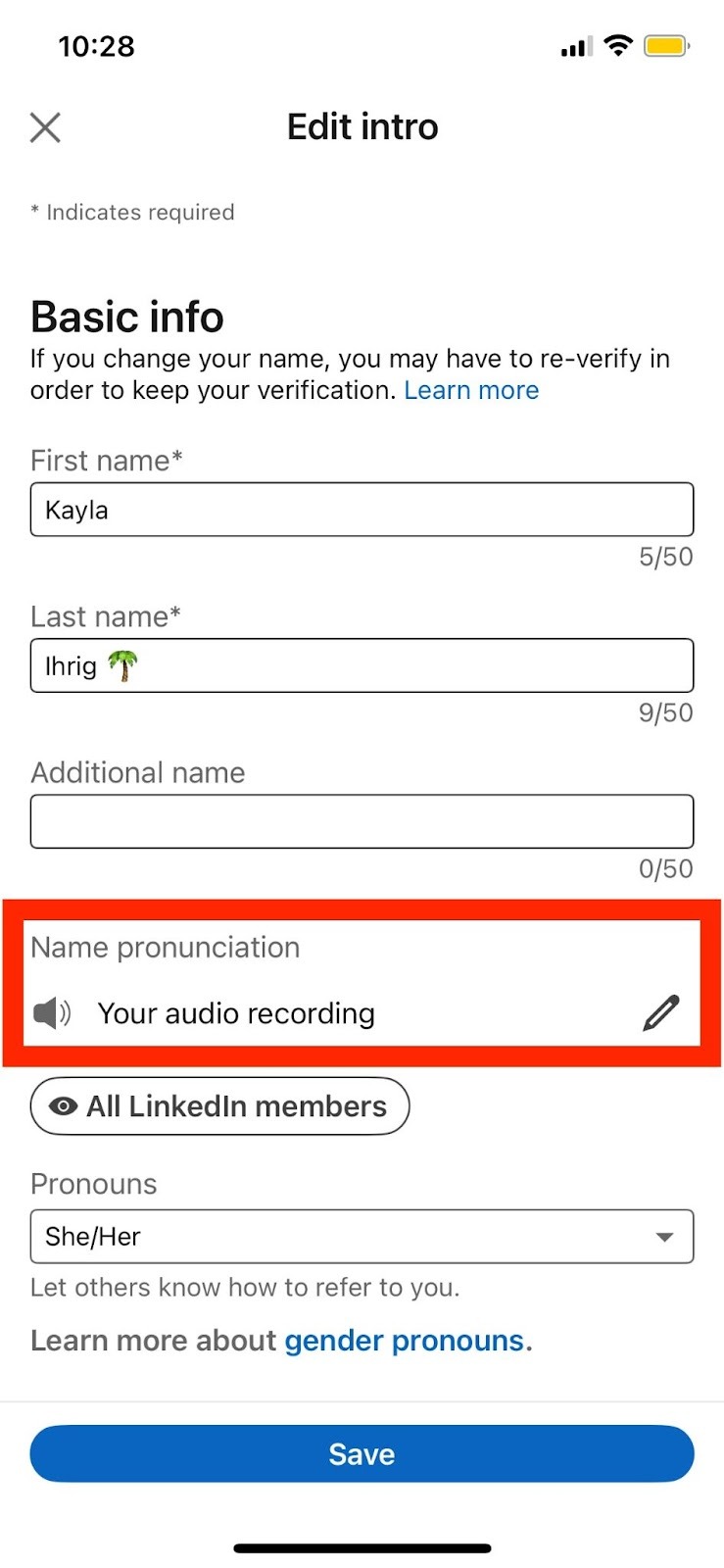 screenshot of LinkedIn basic info section with Edit Intro button.