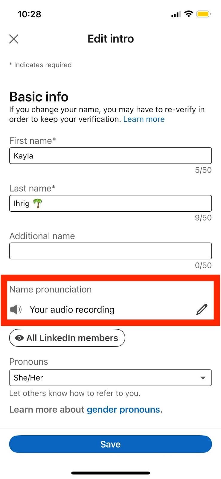 screenshot of LinkedIn basic info section with Edit Intro button.