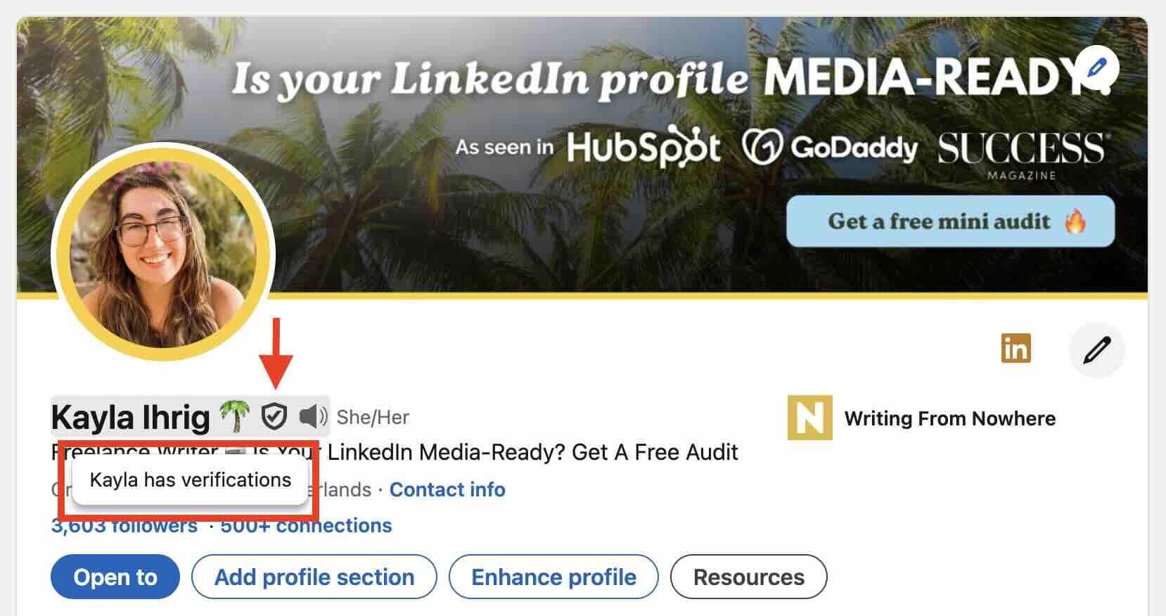 screenshot of a LinkedIn profile page with verification information