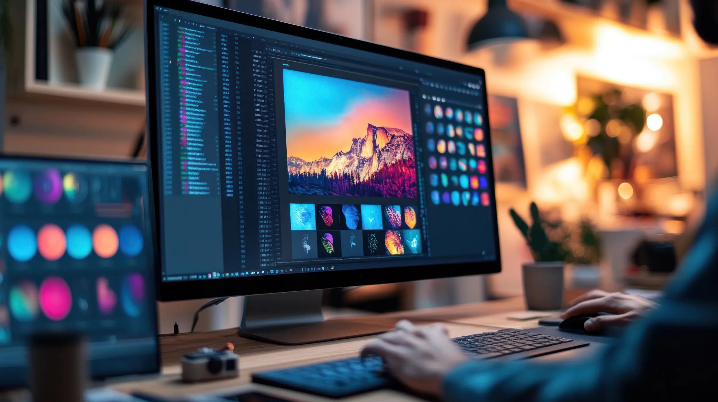 A graphic designer edits a vibrant landscape image and several smaller preview images on a large computer screen, visually showing what a thumbnail is by showing how eye-catching thumbnails are created and refined for digital content and online platforms.