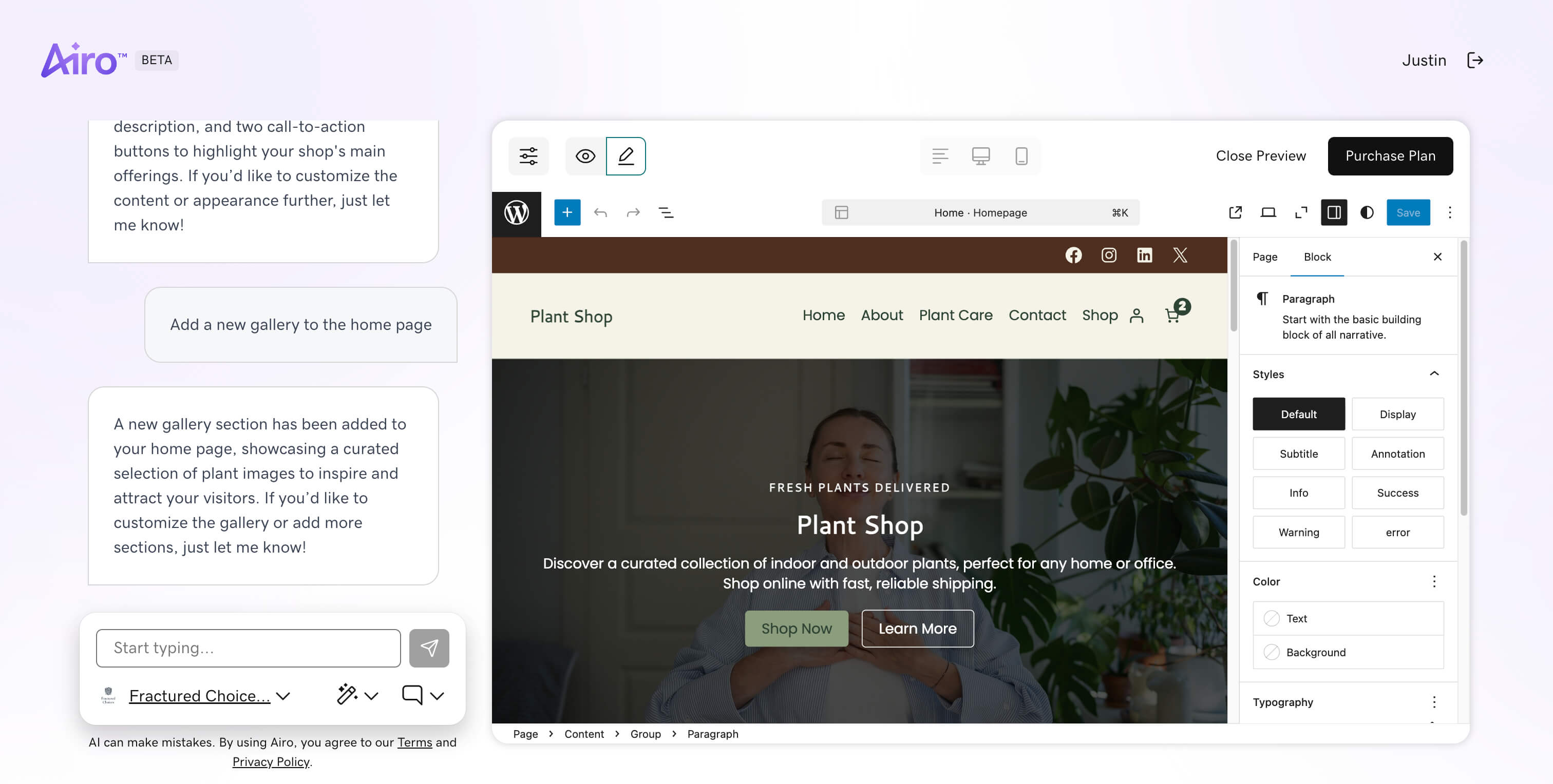 airo site designer creating a wordpress site for a plant shop.