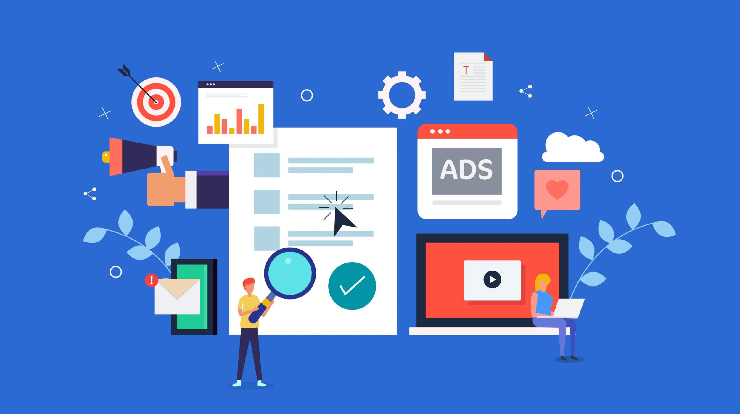 An illustrated digital marketing scene featuring various elements related to SEM and SEO, including a search results page, a magnifying glass, a target, analytics charts, a web ad labeled "ADS," a megaphone, and icons for email, social media, and video. Two people are also shown analyzing and working on laptops, representing strategies for improving search engine optimization (SEO) and search engine marketing (SEM).
