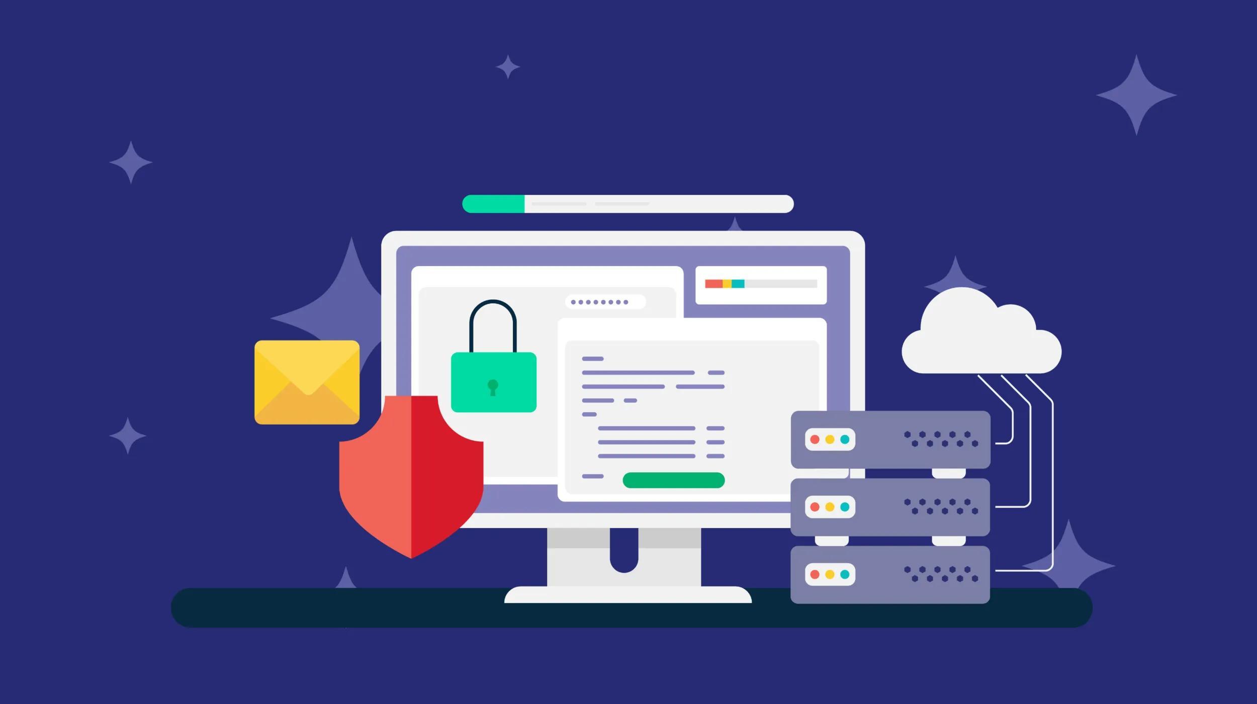 Laptop on a desk surrounded by floating digital icons, symbolizing online tools and services, representing managed hosting WordPress websites in the cloud.