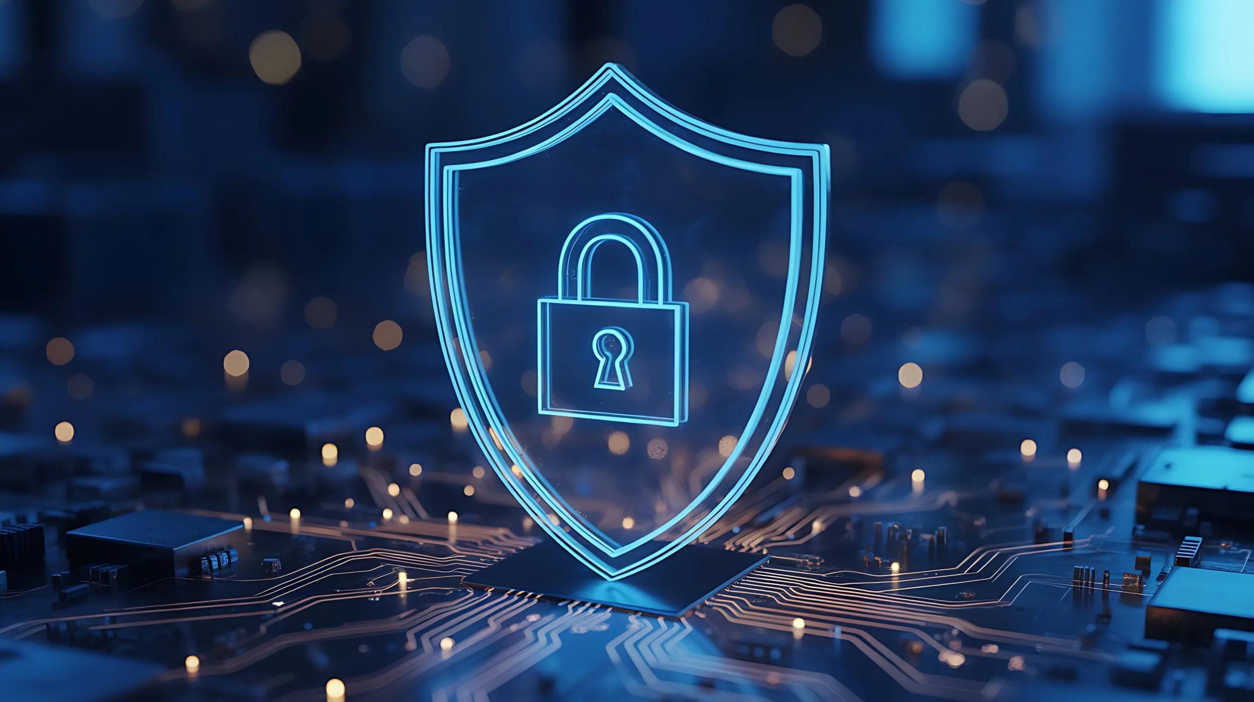 Circuitry surrounding a blue badge with a padlock in it, representing digital security.