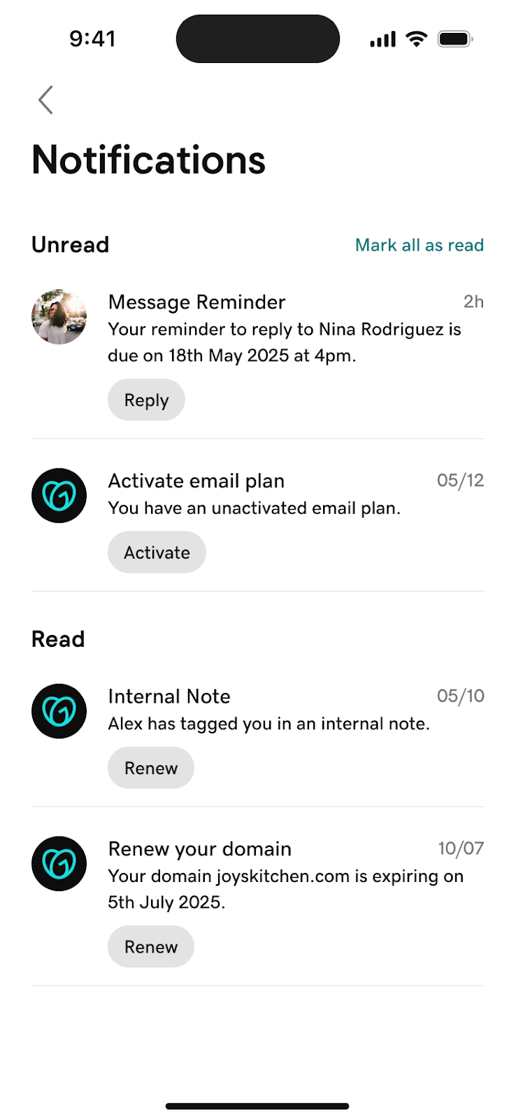 GoDaddy App Smart Notifications