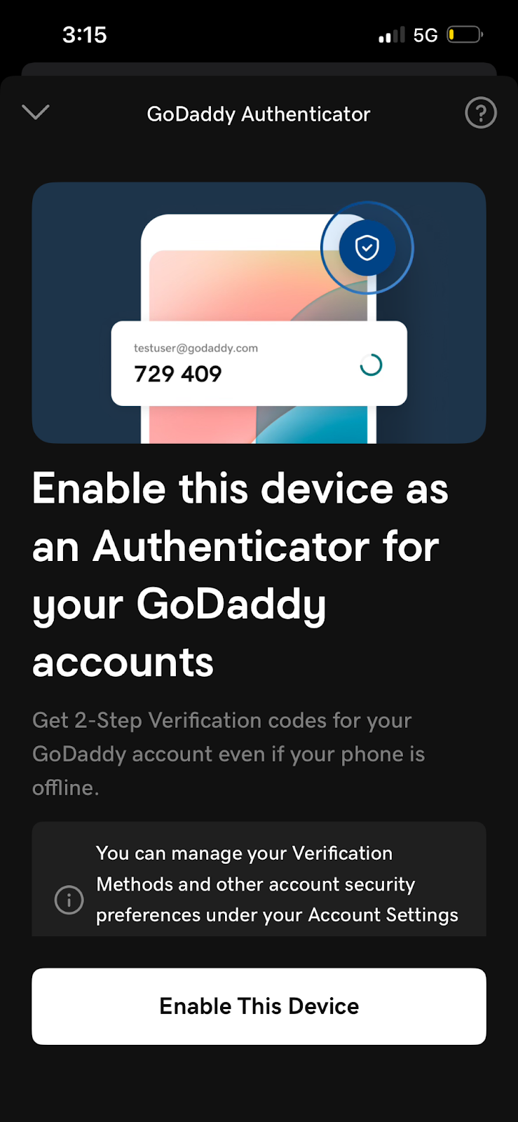 GoDaddy App Account security and identity verification