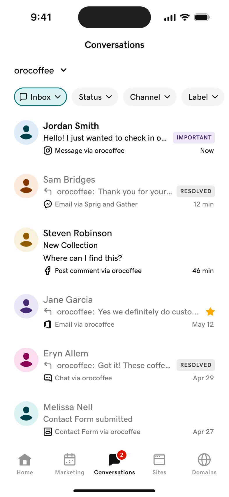 GoDaddy App Customer communication (Conversations inbox)