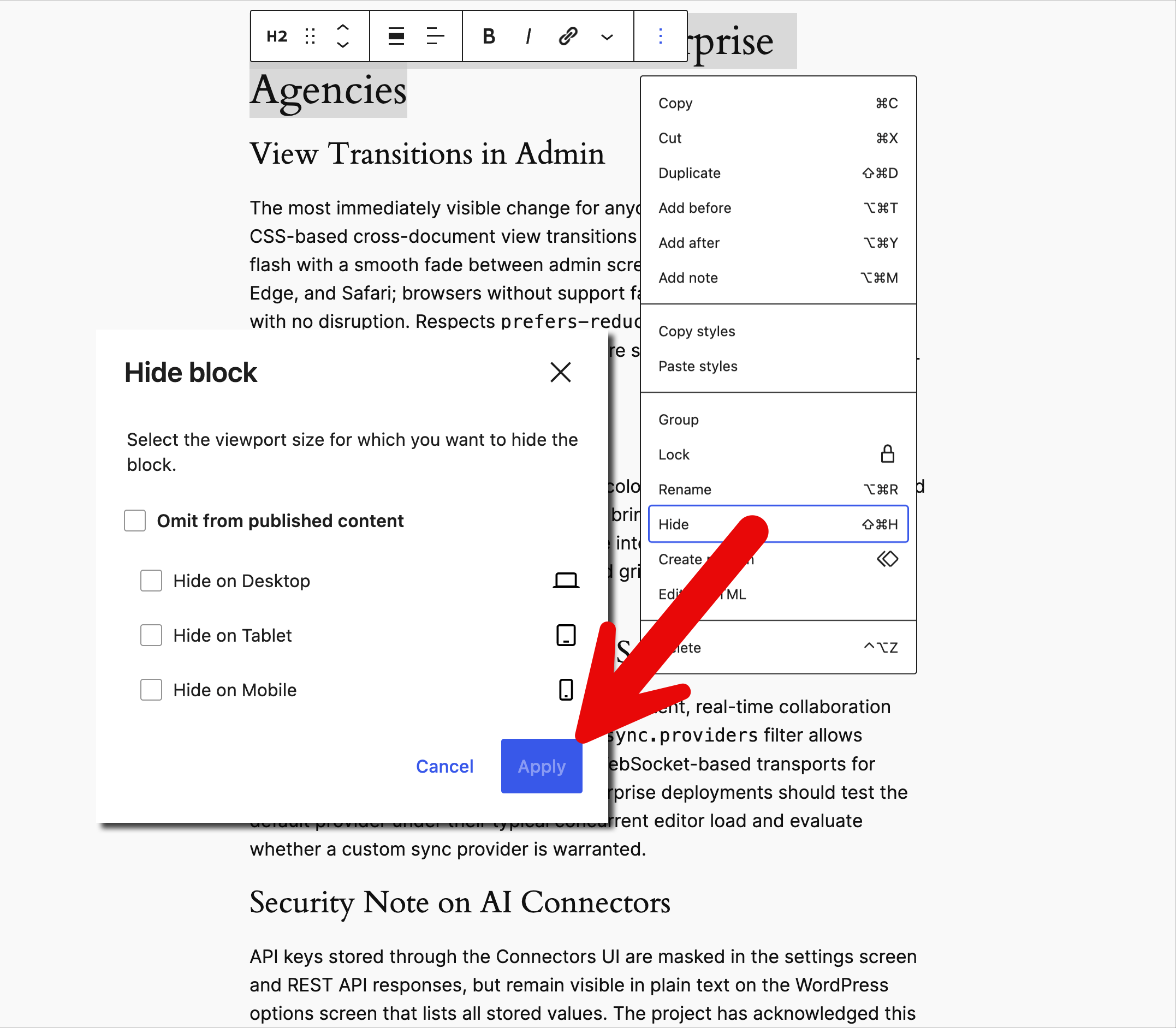 Optionally hide blocks based upon screen sizes in WordPress 7.0