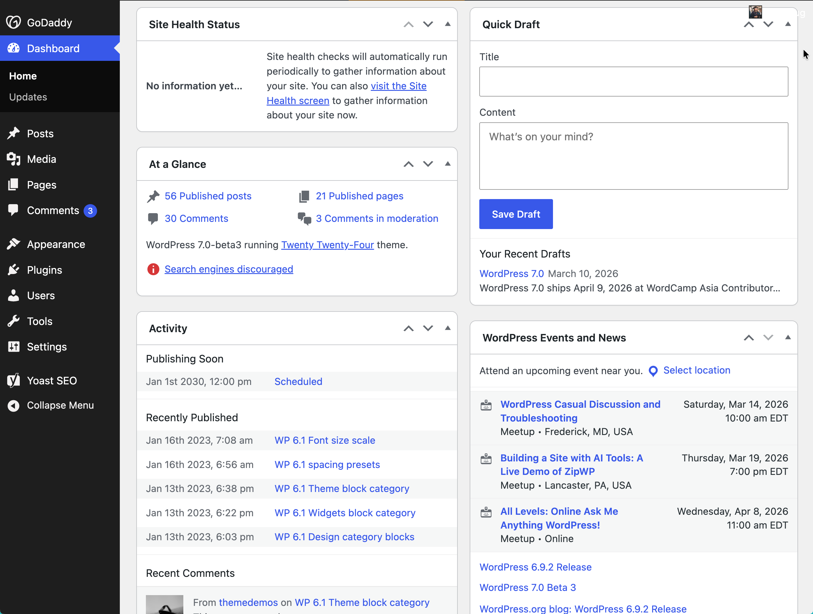 WordPress 7.0 Dashbaord has the new color scheme applied.