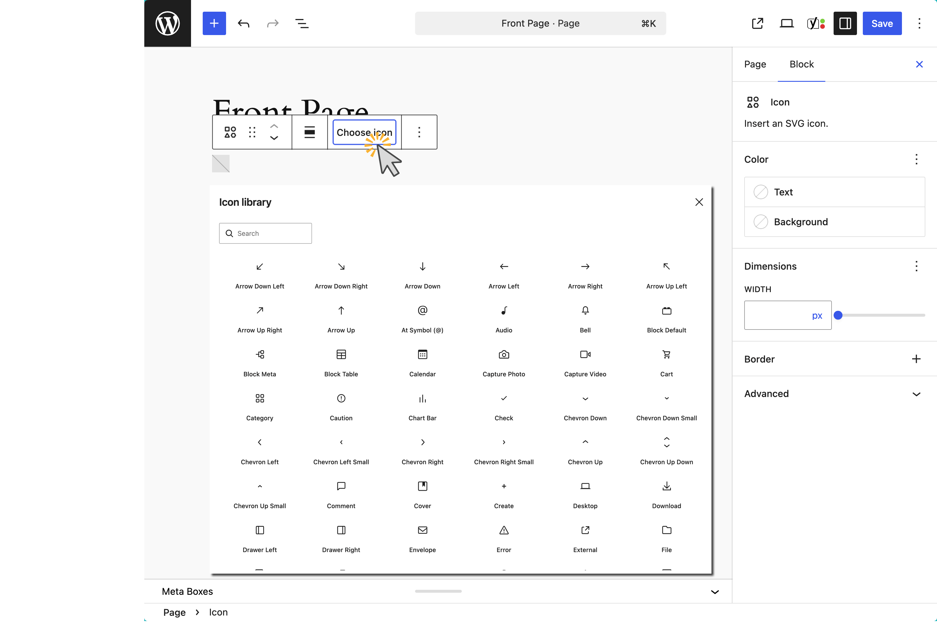 Inserting an icon block in WordPress 7.0 reveals many icon options to select.