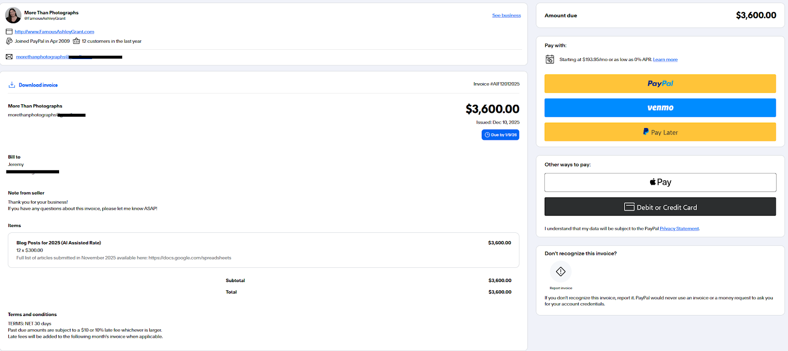 Invoicing page desktop version