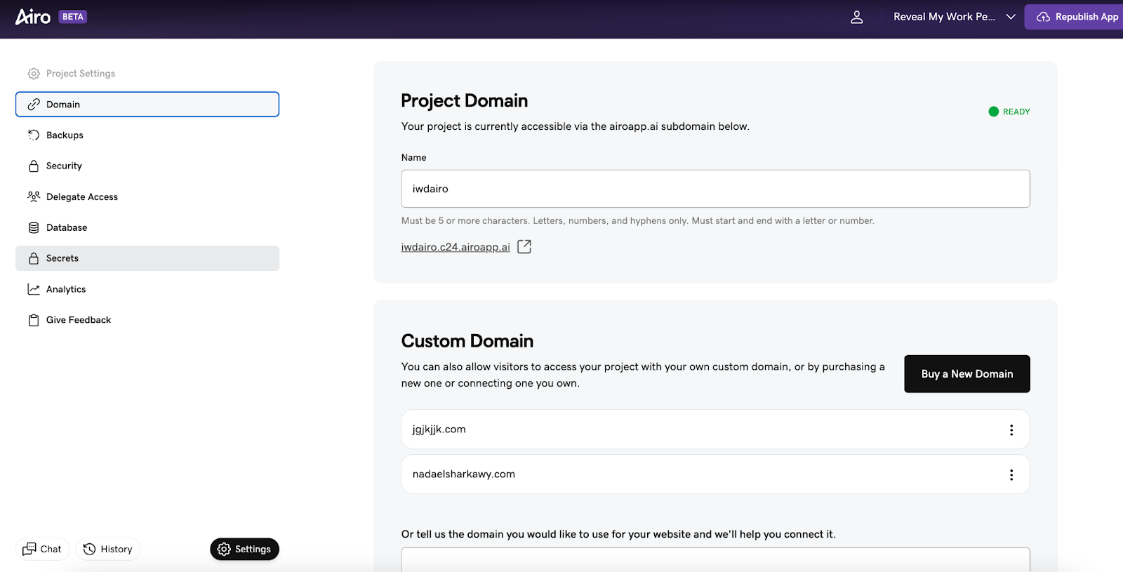 GoDaddy Airo® AI Builder Domain Management