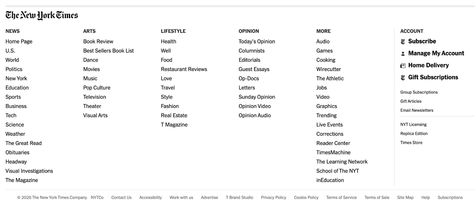 website footer - New York Times