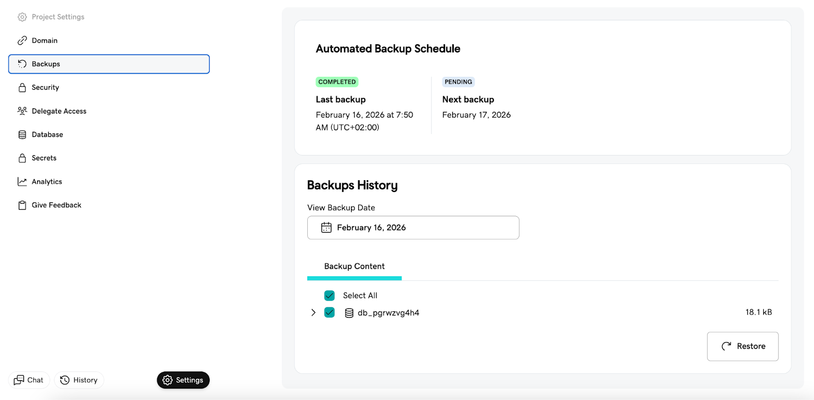 GoDaddy Airo® AI Builder Backup and recovery system