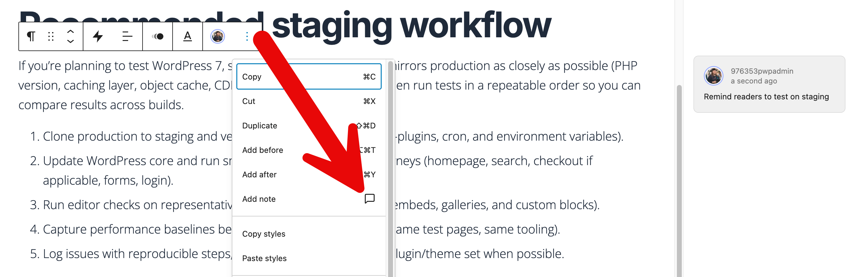 the WordPress block editor showing a heading block titled 'Recommended staging workflow' with a right-click context menu open, displaying options including Copy, Cut, Duplicate, Add before, Add after, Add note, Copy styles, and Paste styles. A large red arrow points to the 'Add note' option. Behind the menu, a numbered list of five staging workflow steps is partially visible. In the upper right corner, a comment from user 976353pwpadmin reads 'Remind readers to test on staging