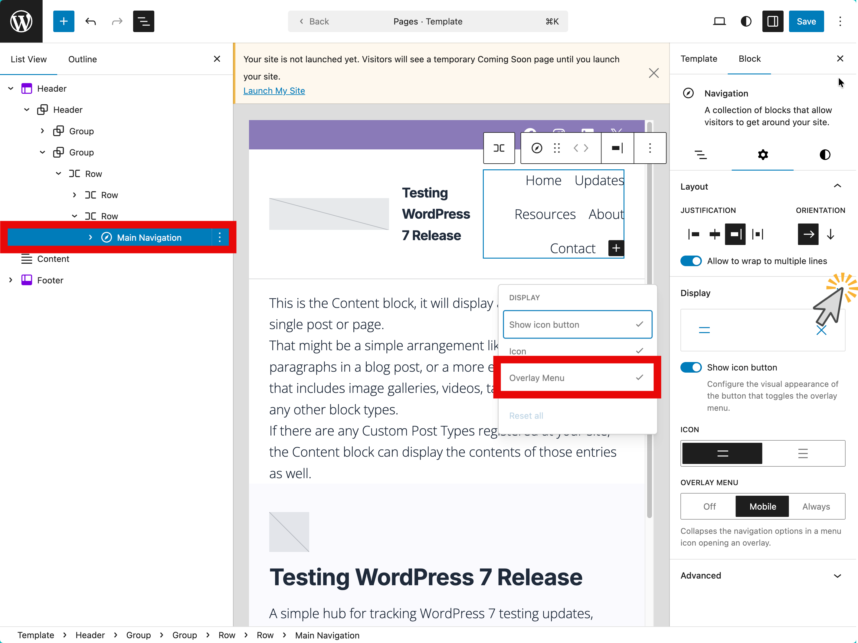 WordPress 7.0 Site Editor showing the Navigation block selected in the List View sidebar, with the block toolbar's Display dropdown open revealing three checked options: Show icon button, Icon, and Overlay Menu. The right sidebar shows Navigation block settings including Layout controls, Display options with a hamburger icon preview, and Overlay Menu toggle set to Mobile with Off, Mobile, and Always options.