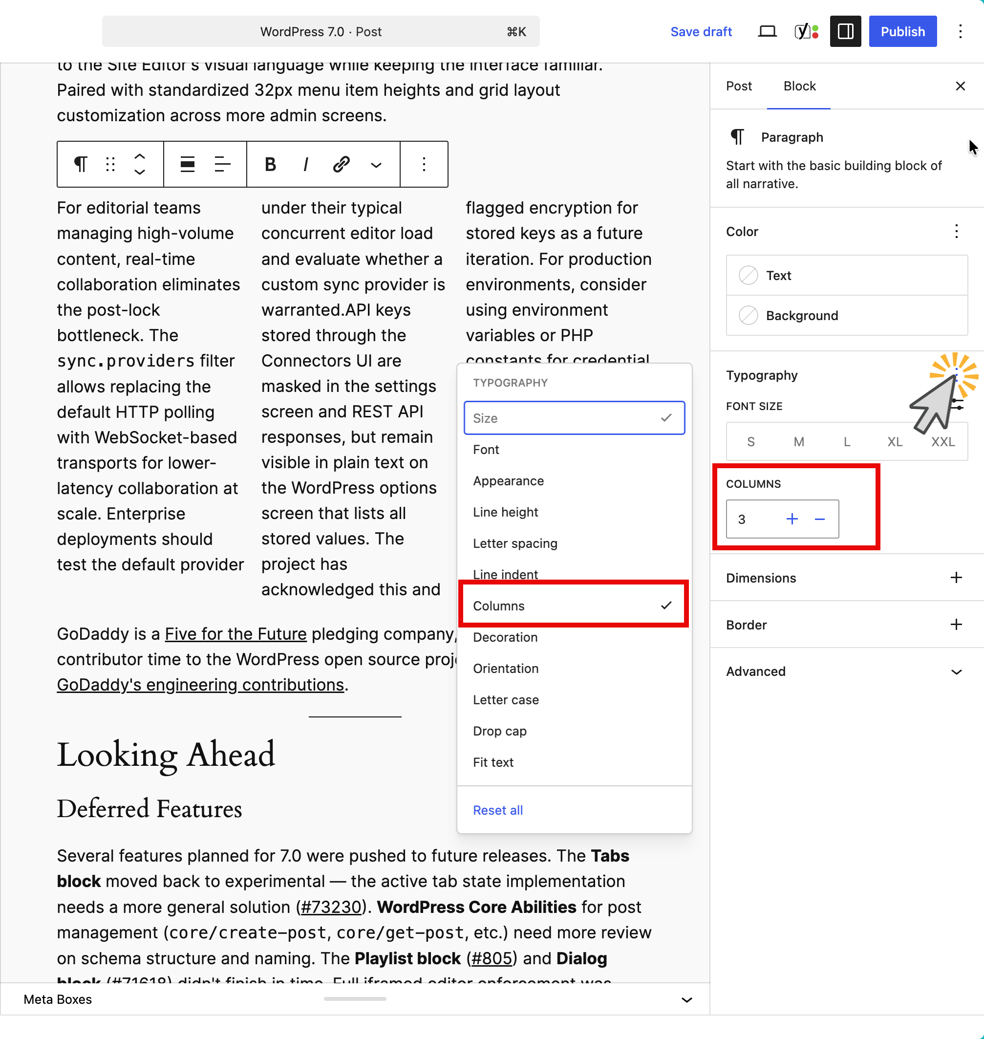 WordPress 7.0 allows you to convert a paragraph into multiple columns.