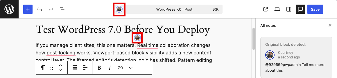 The WordPress 7.0 block editor demonstrating real-time collaborative editing. The post is titled 'Test WordPress 7.0 Before You Deploy' with a paragraph about real-time collaboration and post-locking changes. Two user avatars are visible — one in the top toolbar and one inline near the post title, both highlighted with red boxes to indicate multiple users editing simultaneously. The text 'Real time' is highlighted in blue within the paragraph.