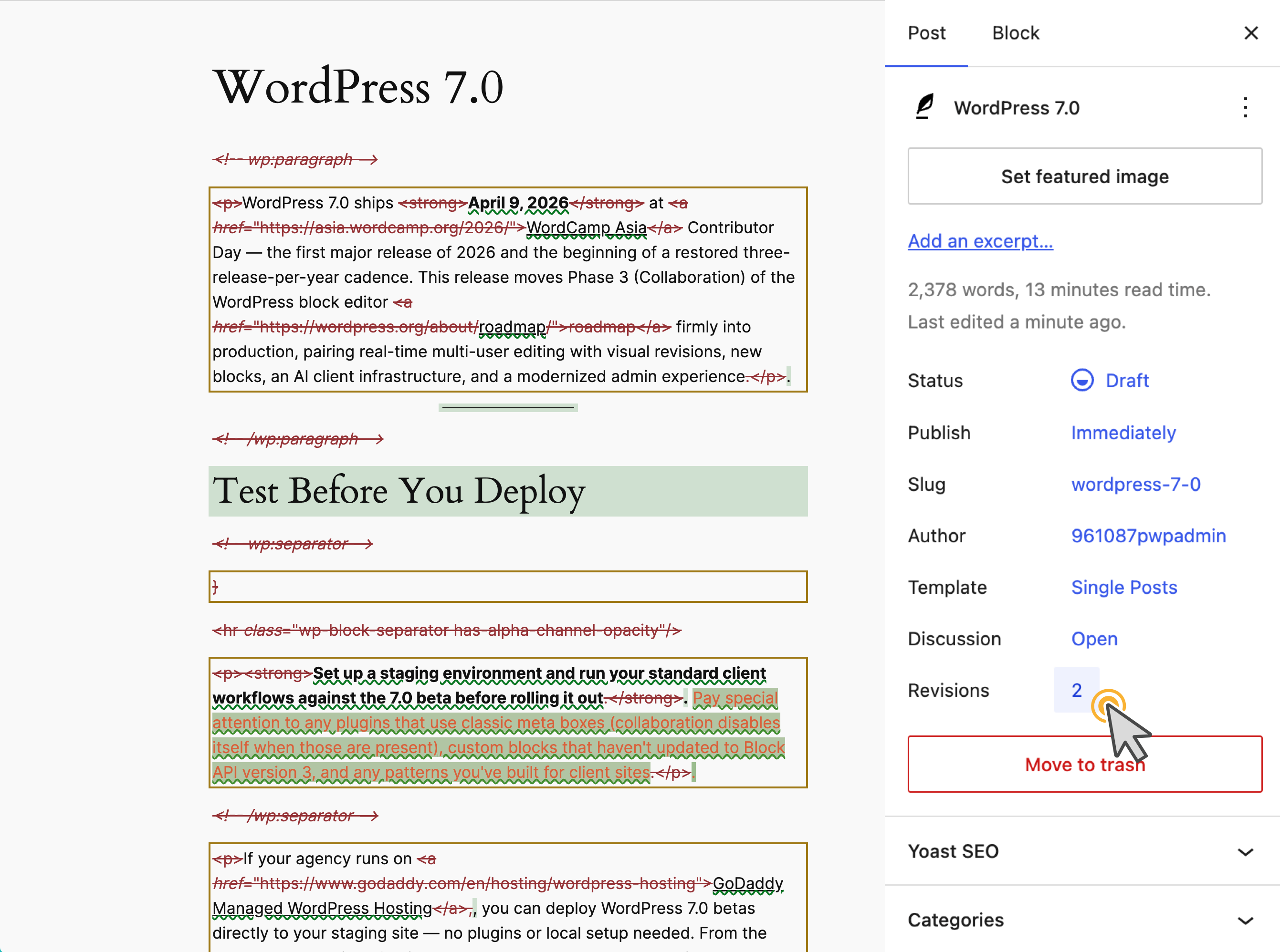 WordPress 7.0 brings a visual approach to revision history.