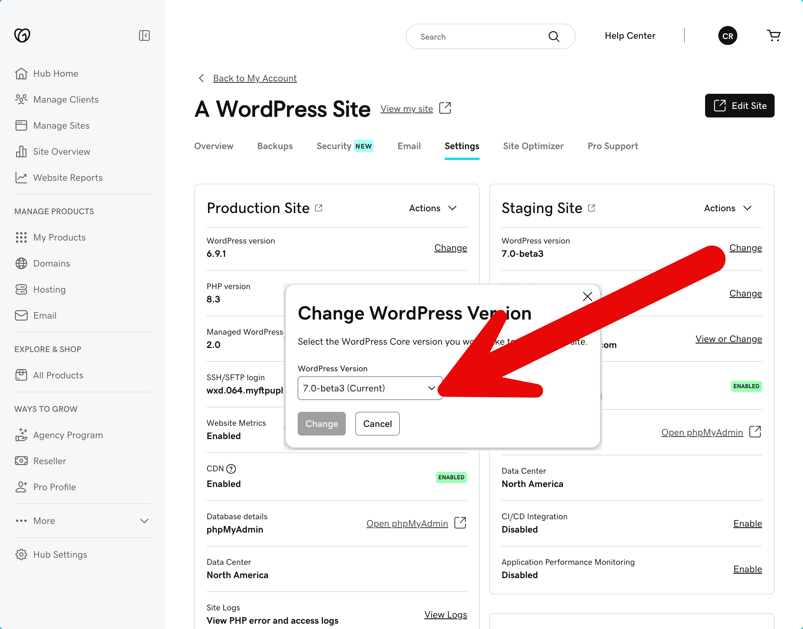 GoDaddy Managed WordPress Hub showing production site on WordPress 6.9.1 alongside staging site running WordPress 7.0-beta3, with version change controls for each environment.