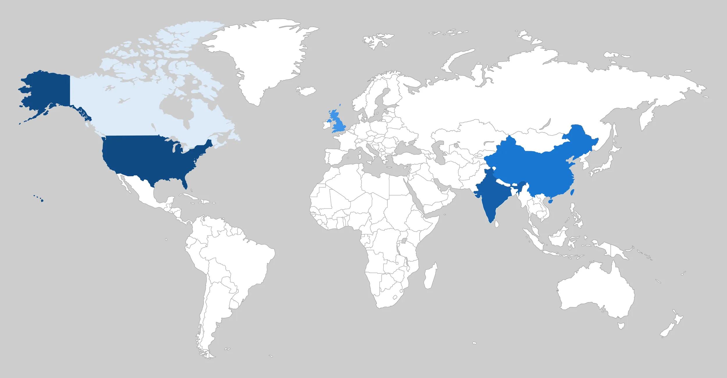 Map showing Distribution of total domain registrations across the top five countries.