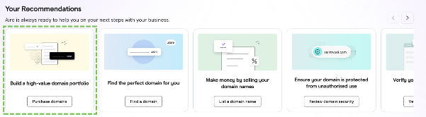 Screenshot of cards showing "Build a high-value domain portfolio" in the recommendations panel.
