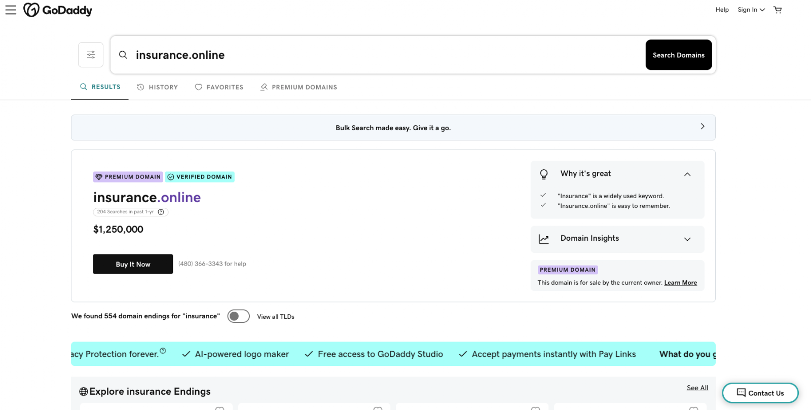 Screenshot image of GoDaddy domain registration page showing premium domain name pricing.