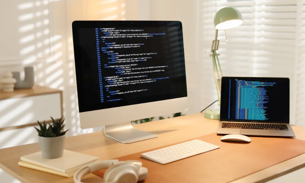 A Computer Monitor Sits on a Desk Displaying Lies of Code