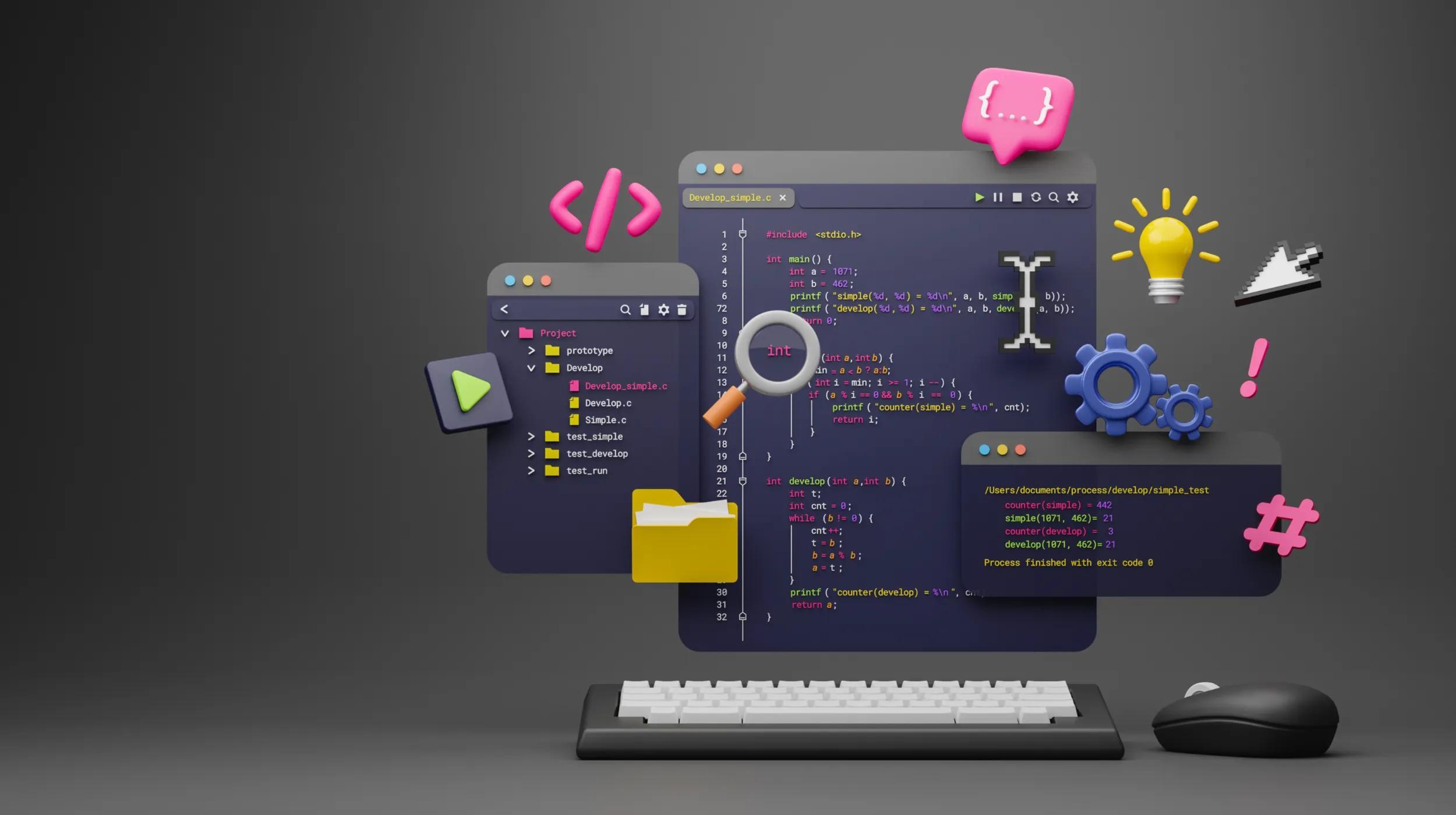 An illustration of a computer screen displaying colorful code, surrounded by icons like magnifying glass, gears, light bulb and code symbols, representing software development and problem-solving.