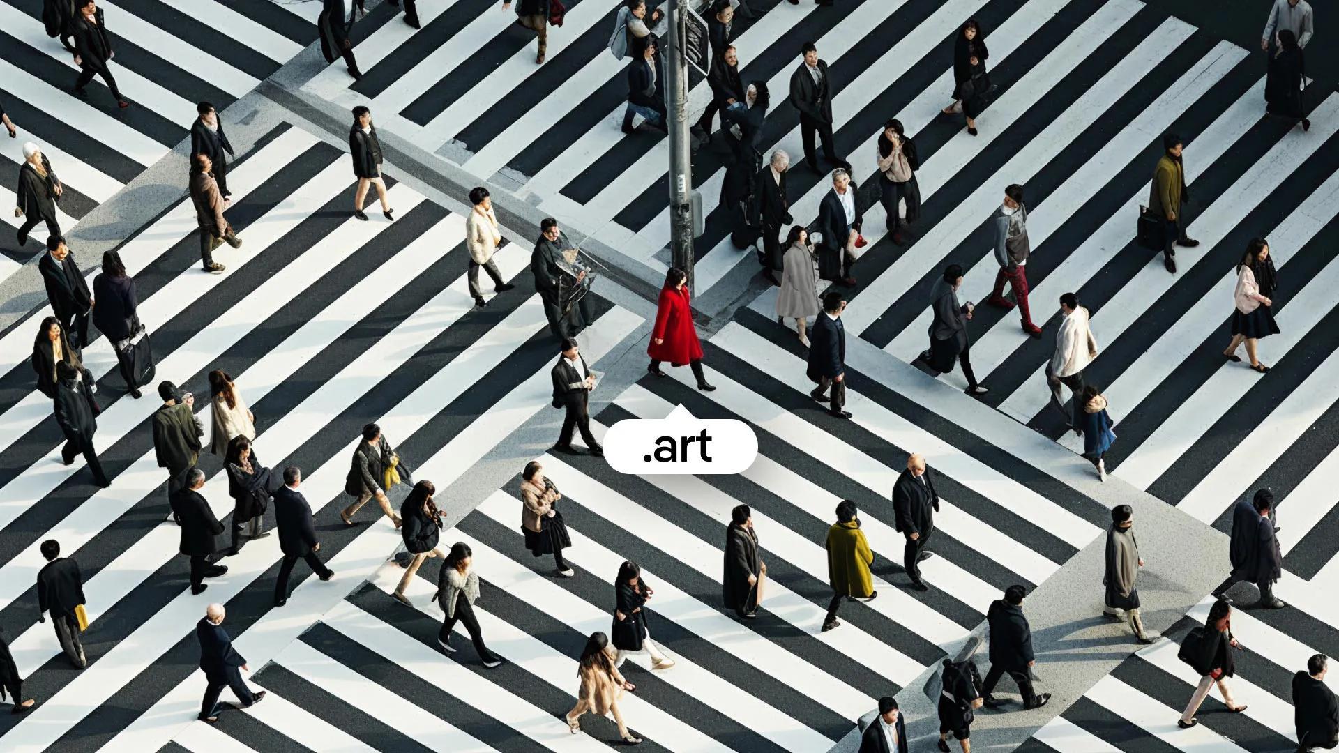 An Abstract Photo of People Walking on a Grid with Superimposed Text Reading .art