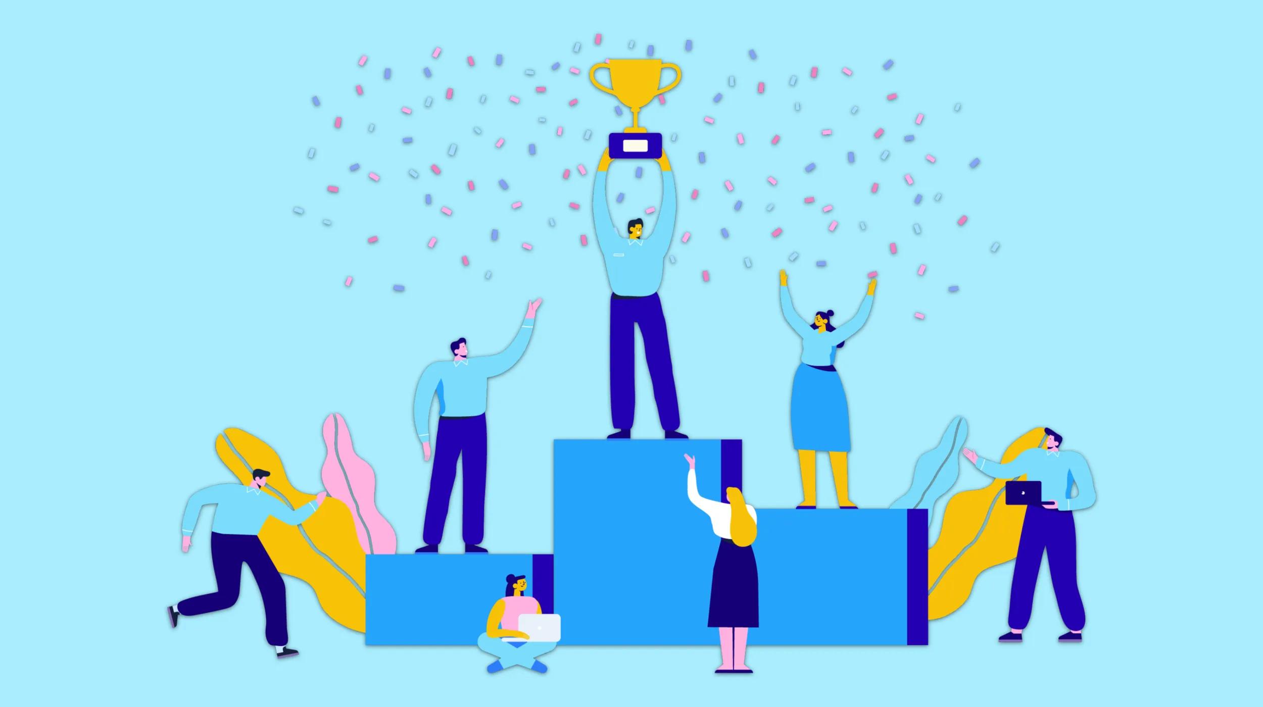 A group of people celebrating around a winners podium, with one person holding a trophy overhead while confetti falls in the background.