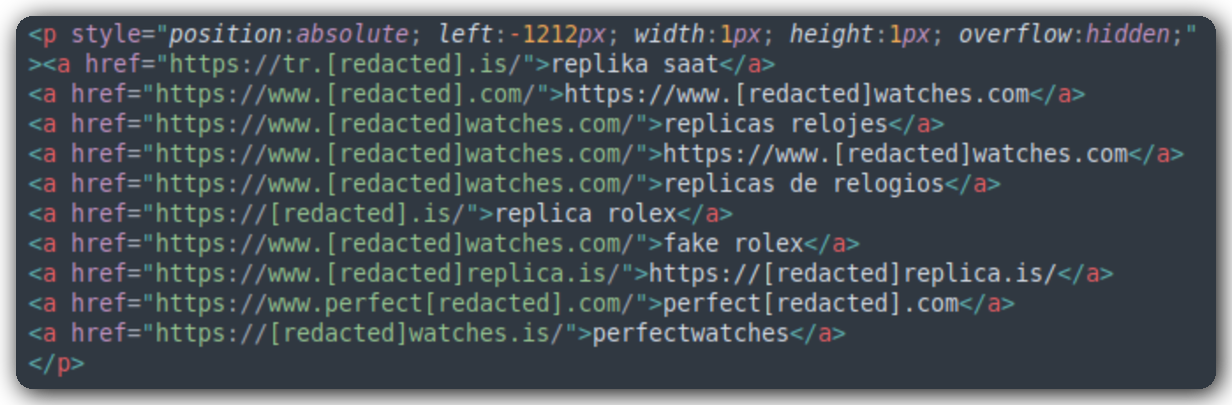 Hidden replica spam link injection code