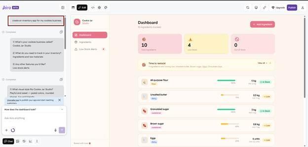 Prompt used to build an inventory app for cookie business.