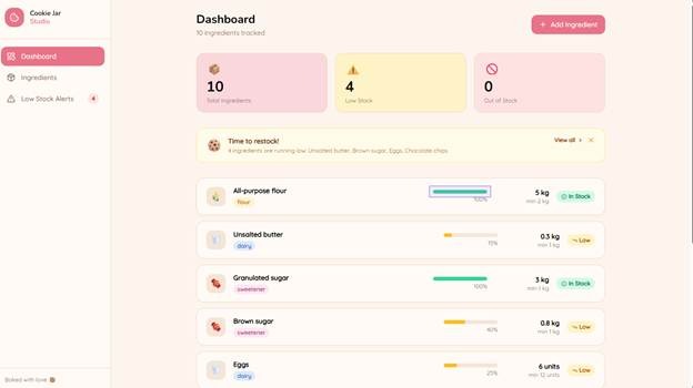 Prompt used to build an inventory app for cookie business.