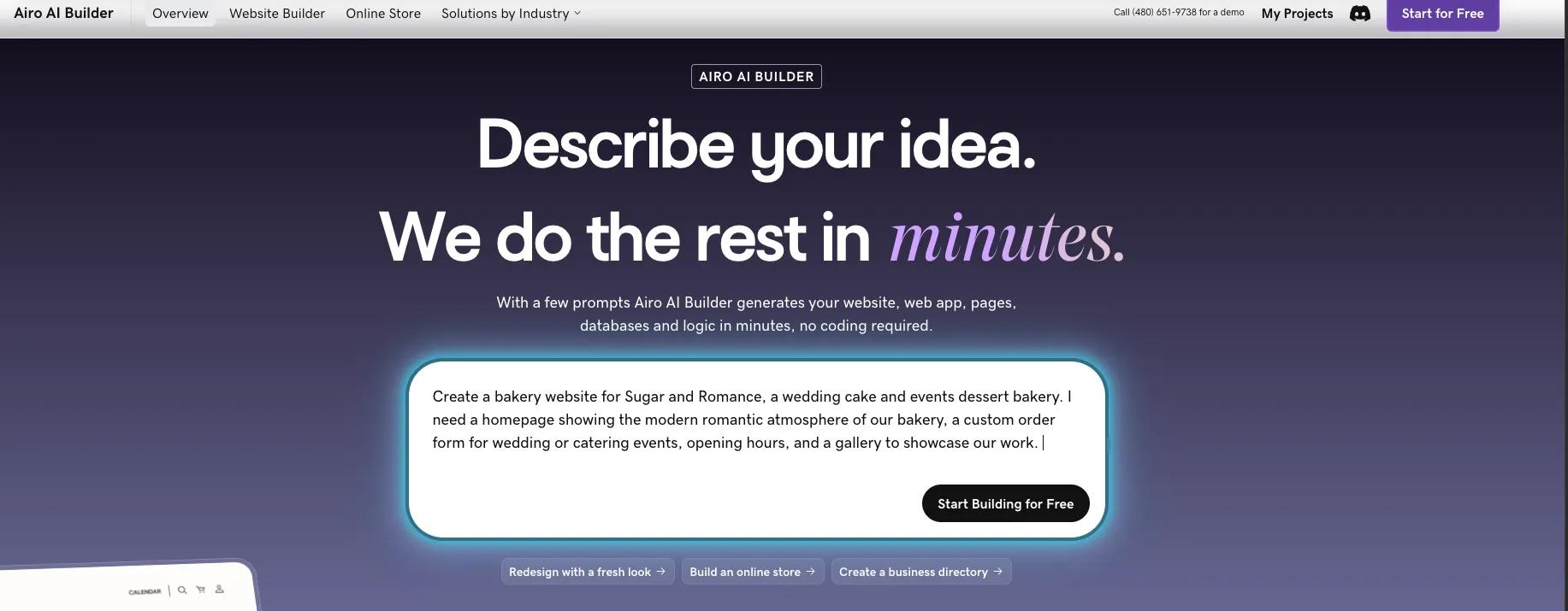 Baker website prompt entered in AI Airo Builder.