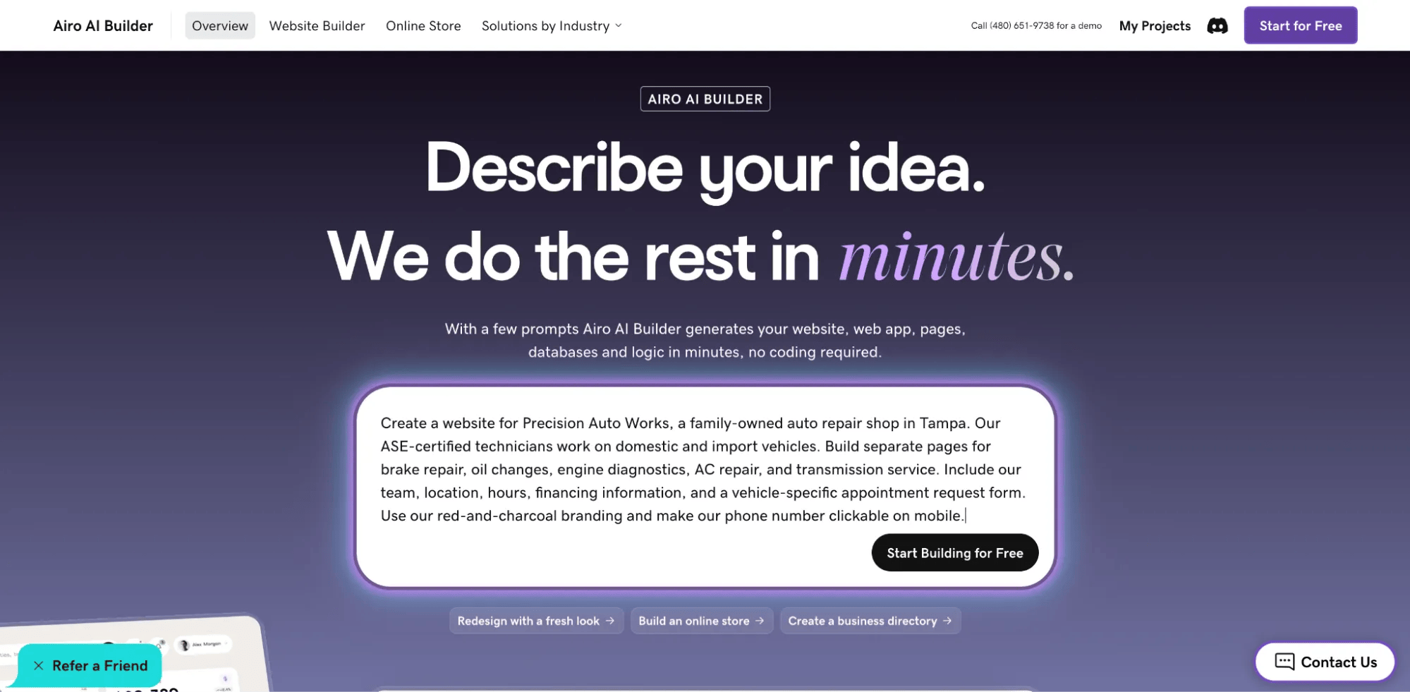 Auto repair website initial Ai prompt.