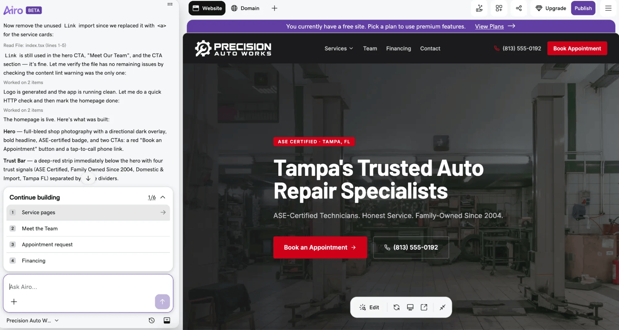 Follow up prompts making changes to auto repair website design.