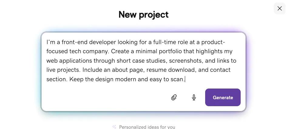 Creating a portfolio website with AI prompt.