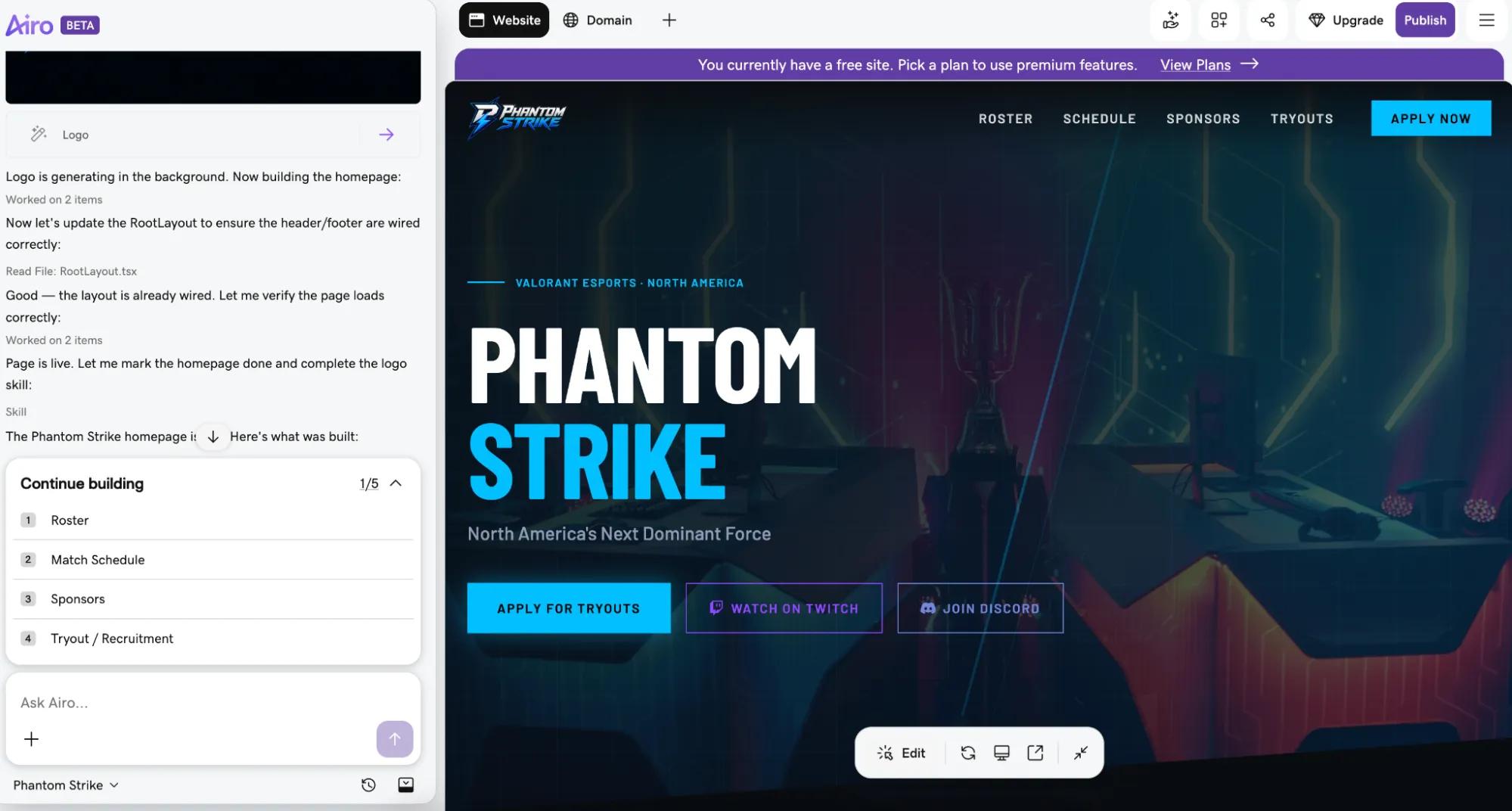 Make a gaming website with AI conversation with AI Airo builder answering a few quetions.