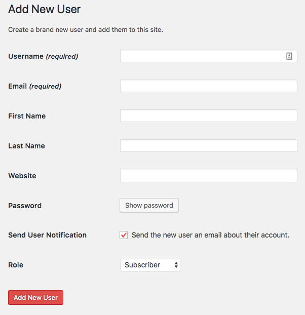 WordPress Add New User Screen