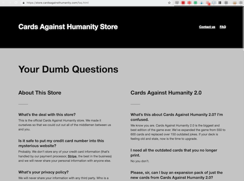 FAQ Page Card Against Humanity FAQ Your Dumb Questions Page