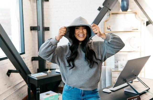 Ayesha Curry Laughing with Hood Up