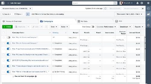 Facebook Reach Ads Manager Home Page